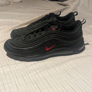 these shoes are nike air max 97, the size is 12 us and colors are black/ red
